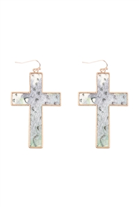 A1-2-4-KE8271WGGR - CROSS LEATHER DROP FISH HOOK EARRINGS - MATTE GOLD GRAY/1PC