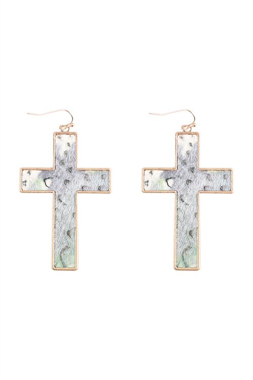 A1-2-4-KE8271WGGR - CROSS LEATHER DROP FISH HOOK EARRINGS - MATTE GOLD GRAY/1PC