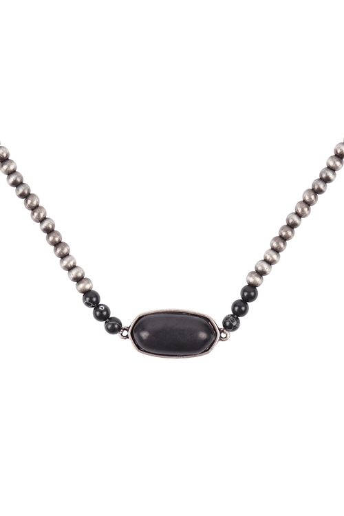 S22-11-3-KN0998SBBK - BEADED OVAL NATURAL STONE NECKLACE - SILVER BLACK/6PCS