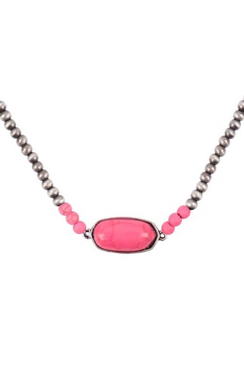 S22-11-3-KN0998SBFU - BEADED OVAL NATURAL STONE NECKLACE - SILVER FUCHSIA/6PCS