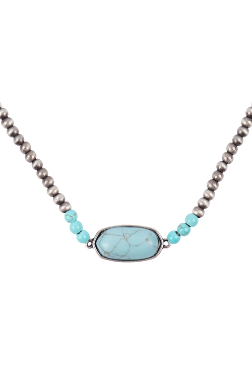 S22-11-3-KN0998SBTQ - BEADED OVAL NATURAL STONE NECKLACE - SILVER TURQUOISE/6PCS