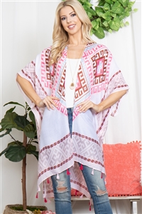 S27-4-2-KN2060 - BOHO TRIBAL PRINT TASSEL OPEN FRONT KIMONO-MULTICOLOR/6PCS