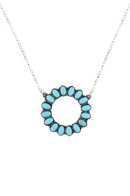 S18-7-3-KNE0999SBTQ - OPEN CIRCLE NATURAL OVAL STONE  PAVE PENDANT NECKLACE AND EARRING SET-BURNISH SILVER TURQUOISE/6PCS