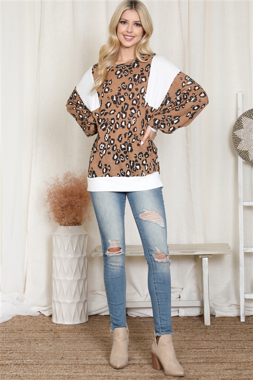 S44-1-1-KT-10504-BWNIV - SOLID RIB CONTRAST PUFF SLEEVE LEOPARD TOP- BROWN/IVORY 2-2-2