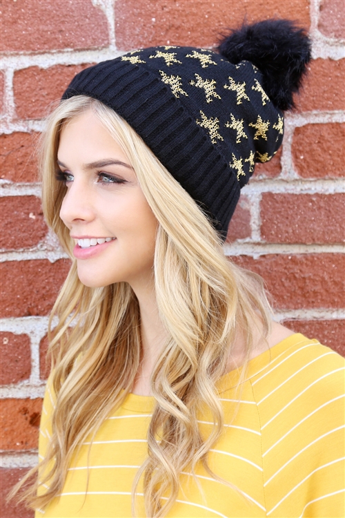 S2-5-2-LB7812BK BLACK BEANIE WITH EMBROIDERED STARS/1PC