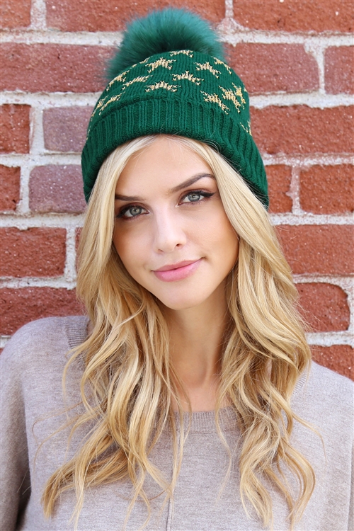 S2-5-2-LB7812GR GREEN BEANIE WITH EMBROIDERED STARS/1PC