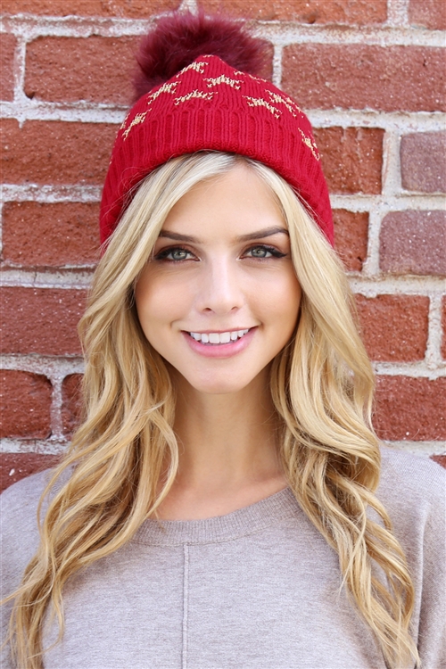 S2-5-2-LB7812RD RED BEANIE WITH EMBROIDERED STARS/1PC (NOW $1.50 ONLY!)