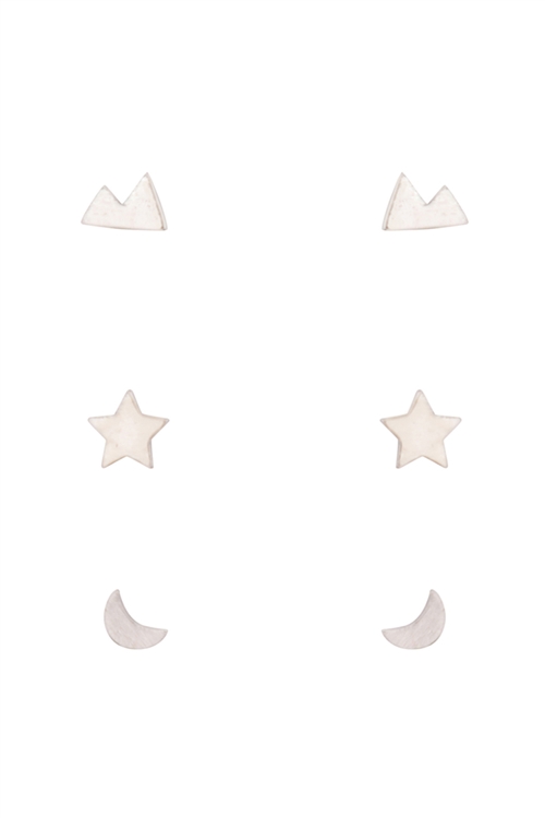 S1-6-3-LEA368RH - 3 PAIR SET MOON STAR STUD EARRINGS-SILVER/1PC