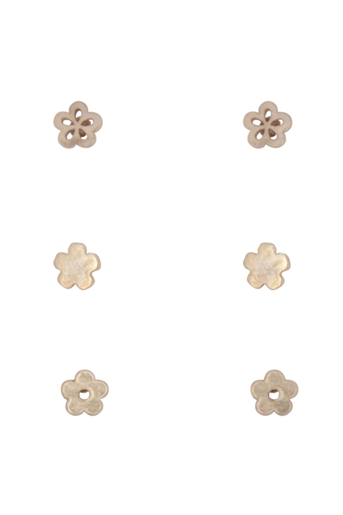 S1-6-3-LEA453BG - 3 PAIR SET FLOWER STUD EARRINGS-BURNISH GOLD/1PC