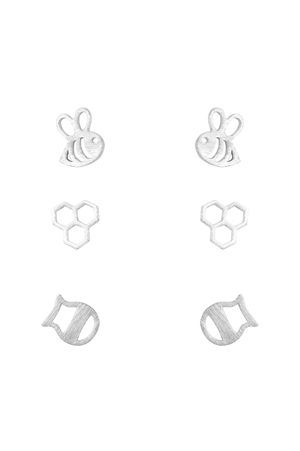 S1-6-3-LEA700BS - 3 PAIR SET BEE EARRINGS - BURNISH SILVER/1PC