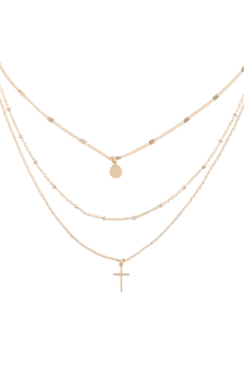 A3-3-2-LNB096GD - CROSS AND DISC PENDANT LAYERED MULTI CHAIN NECKLACE-GOLD/6PCS