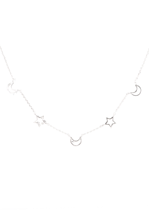 S1-3-4-LNB202-RH - OPEN STAR & MOON DAINTY NECKLACE - SILVER /1PC