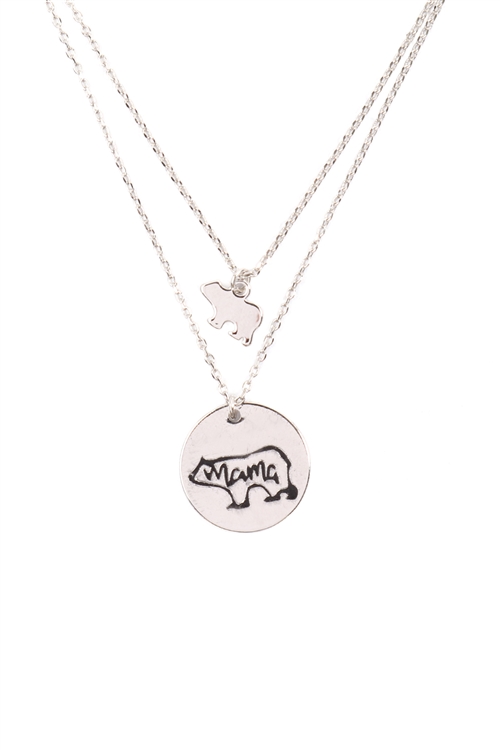 A2-1-2-LNB249RHBLK- "MAMA" BEAR DOUBLE LAYER NECKLACE-SILVER BLACK/1PC