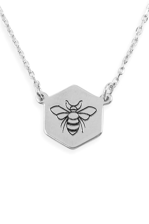 S6-4-3-LNB265RHBLK-BEE STAMPING PENDANT NECKLACE-SILVER/6PCS