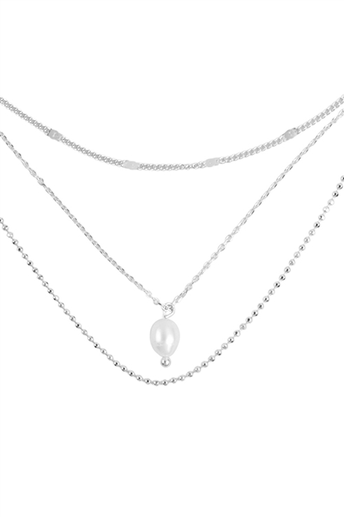 S6-4-5-LNB916RH - PEARL PENDANT THREE LAYERED MULTI BRASS NECKLACE - SILVER/6PCS (NOW $3.25 ONLY!)