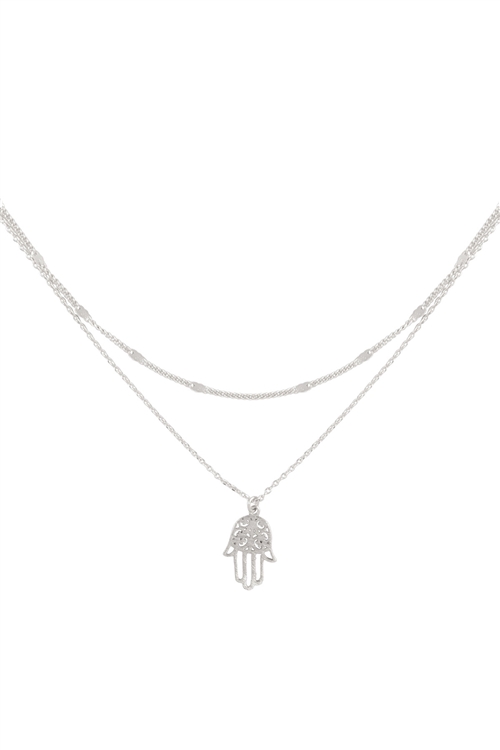 S6-6-2-LNB980BS - HAMSA HAND FILIGREE PENDANT 2 LAYERED BRASS NECKLACE - BURNISH SILVER/6PCS