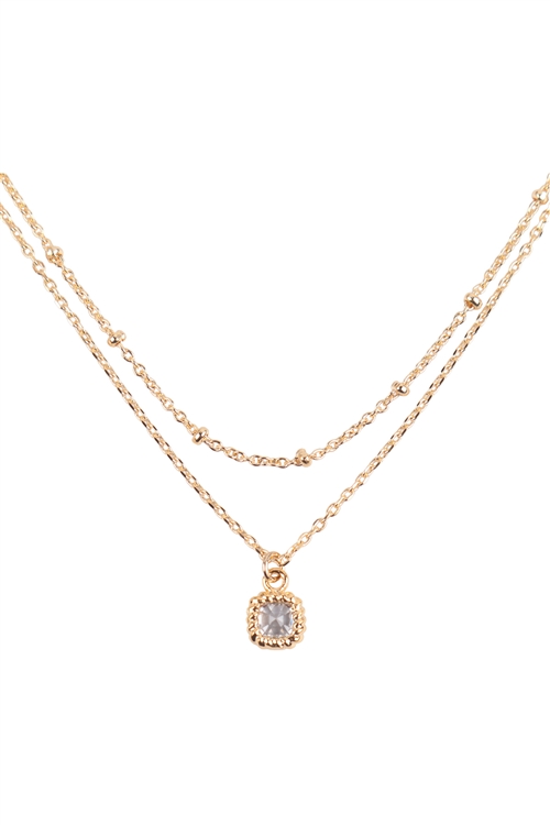 SA4-1-1-LNC096GDCRY - 2 LAYERED SQUARE CUBIC ZIRCONIA PENDANT NECKLACE - GOLD CRYSTAL/6PCS (NOW $2.00 ONLY!)