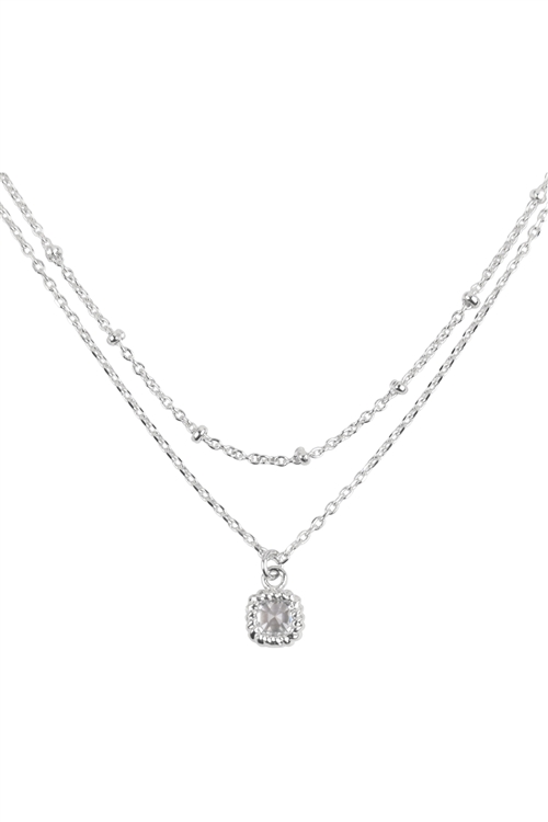 SA4-1-1-LNC096RHCRY - 2 LAYERED SQUARE CUBIC ZIRCONIA PENDANT NECKLACE - SILVER CRYSTAL/6PCS (NOW $2.00 ONLY!)