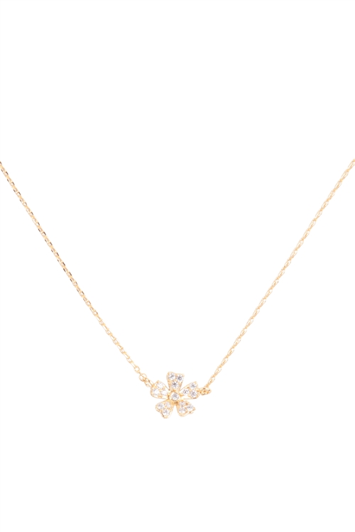 S6-6-2-LNC142GDCRY - PAVE CUBIC ZIRCONIA FLOWER PENDANT BRASS NECKLACE - GOLD CRYSTAL/6PCS