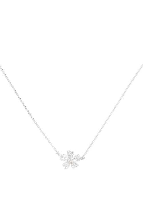 S6-6-2-LNC142RHCRY - PAVE CUBIC ZIRCONIA FLOWER PENDANT BRASS NECKLACE - SILVER CRYSTAL/6PCS