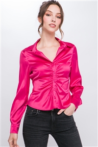 S39-1-1-LT-10159TM-FCH - SATIN LONG SLEEVE BUTTON DOWN RUCHED BLOUSE- FUCHSIA 2-2-2