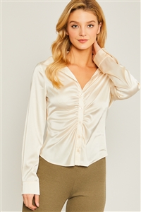 S39-1-1-LT-10159TM-IV - SATIN LONG SLEEVE BUTTON DOWN RUCHED BLOUSE- IVORY 2-2-2