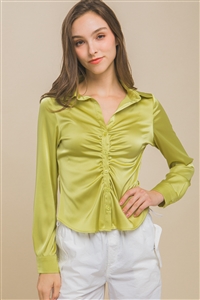 S39-1-1-LT-10159TM-LM - SATIN LONG SLEEVE BUTTON DOWN RUCHED BLOUSE- LIME 2-2-2