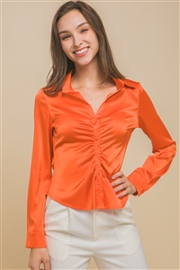S39-1-1-LT-10159TM-OR - SATIN LONG SLEEVE BUTTON DOWN RUCHED BLOUSE- ORANGE 2-2-2