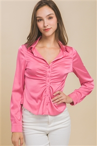 S39-1-1-LT-10159TM-PK - SATIN LONG SLEEVE BUTTON DOWN RUCHED BLOUSE- PINK 2-2-2