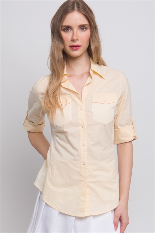 S39-1-1-LT-10182TM-LTYLW - SOLID CONTRAST BUTTON DOWN PANEL SHIRT- LT. YELLOW 2-2-2