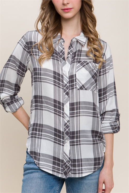 S39-1-1-LT-10185TM-BK - RELAXED PLAID PRINT BUTTON-UP FLANNEL- BLACK 2-2-2