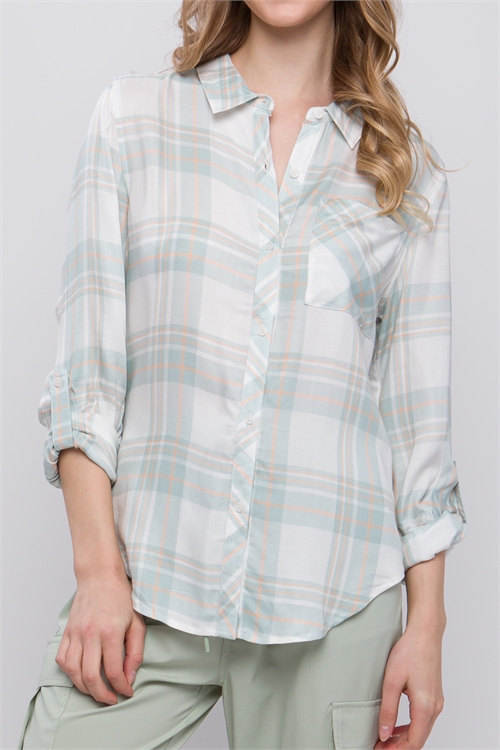 S39-1-1-LT-10185TM-MNTGN - RELAXED PLAID PRINT BUTTON-UP FLANNEL- MINT GREEN 2-2-2