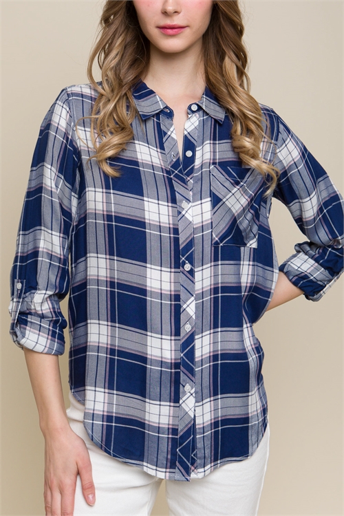 S39-1-1-LT-10186TM-NV - PLAID PATCH POCKET BUTTON-UP SHIRT- NAVY 2-2-2