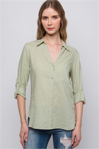 S39-1-1-LT-10194TD-CLRY - LINEN BUTTON DOWN V-NECK CUFFED BASIC SHIRT- CELERY 2-2-2