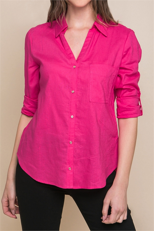 S39-1-1-LT-10194TD-FCH - LINEN BUTTON DOWN V-NECK CUFFED BASIC SHIRT- FUCHSIA 2-2-2