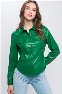 S39-1-1-LT-10219TN-KLY - PU FAUX LEATHER SHIRT WITH BUTTON CLOSURE- KELLY 2-2-2