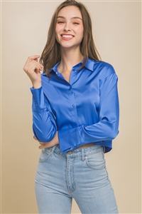 S39-1-1-LT-10220TH-BL - SEMI CROPPED SATIN LONG SLEEVE BUTTON DOWN BLOUSE- BLUE 2-2-2