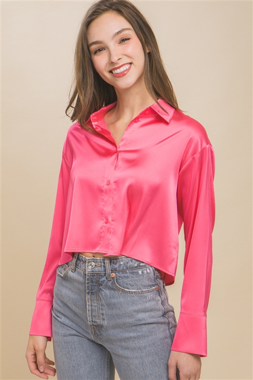S39-1-1-LT-10220TH-FRNPK - SEMI CROPPED SATIN LONG SLEEVE BUTTON DOWN BLOUSE- FRENCH PINK 2-2-2