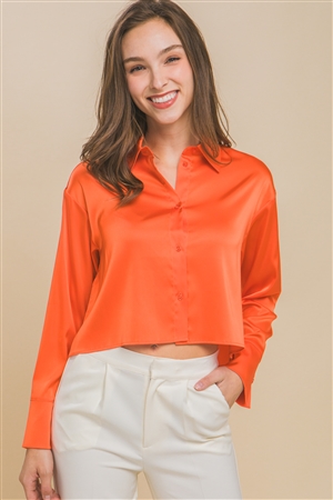 S39-1-1-LT-10220TH-OR - SEMI CROPPED SATIN LONG SLEEVE BUTTON DOWN BLOUSE- ORANGE 2-2-2