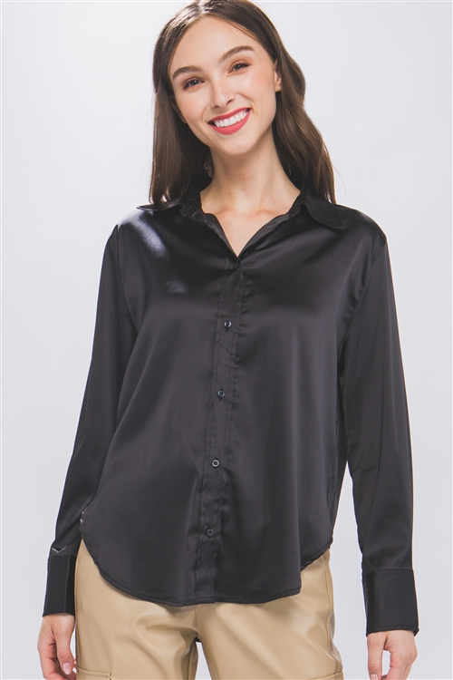 S39-1-1-LT-10234TH-BK - SATIN BUTTON UP LONG SLEEVE TOP- BLACK 2-2-2