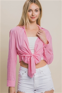 S39-1-1-LT-10236TH-PK - LINEN LONG SLEEVE CROP TOP WITH TIE DETAIL- PINK 2-2-2