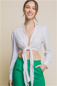 S39-1-1-LT-10236TH-WHT - LINEN LONG SLEEVE CROP TOP WITH TIE DETAIL- WHITE 2-2-2