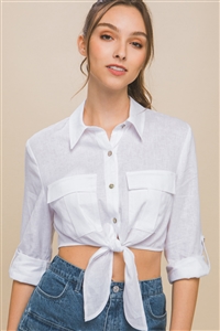 S39-1-1-LT-10238TH-WHT - LINEN LONG SLEEVE CROP TOP WITH WAIST TIE- WHITE 2-2-2