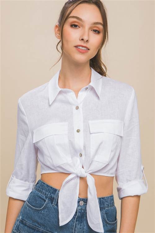 S39-1-1-LT-10238TH-WHT - LINEN LONG SLEEVE CROP TOP WITH WAIST TIE- WHITE 2-2-2