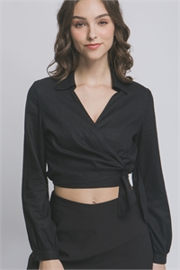 S39-1-1-LT-10239TH-BK - LINEN LONG SLEEVE CROP TOP WITH TIE DETAIL- BLACK 2-2-2