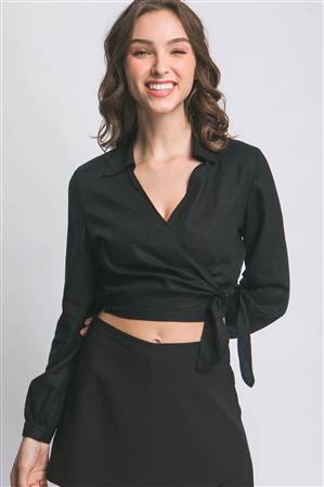 S39-1-1-LT-10239TH-BK - LINEN LONG SLEEVE CROP TOP WITH TIE DETAIL- BLACK 2-2-2