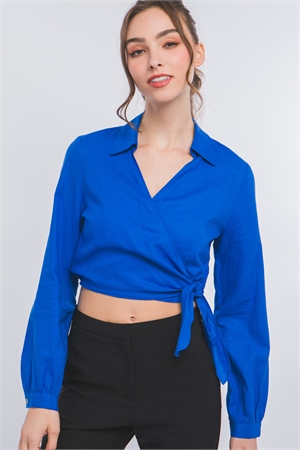 S39-1-1-LT-10239TH-CBT - LINEN LONG SLEEVE CROP TOP WITH TIE DETAIL- COBALT 2-2-2