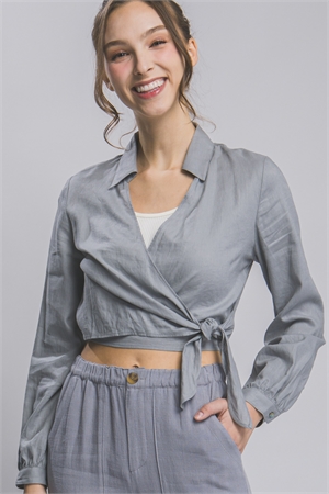 S39-1-1-LT-10239TH-GY - LINEN LONG SLEEVE CROP TOP WITH TIE DETAIL- GREY 2-2-2