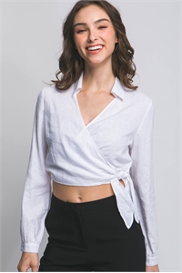S39-1-1-LT-10239TH-WHT - LINEN LONG SLEEVE CROP TOP WITH TIE DETAIL- WHITE 2-2-2