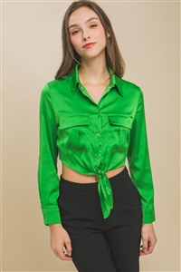 S39-1-1-LT-10243TH-APL - SATIN LONG SLEEVE BUTTON DOWN CROP TOP- APPLE 2-2-2